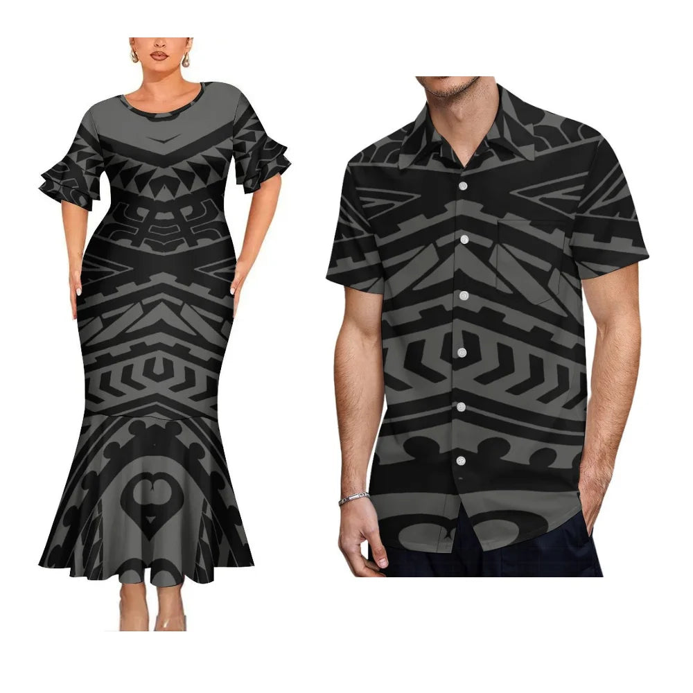 Island Style Couple Set Samoan Art Design Women'S Crew-Neck Fishtail Dress And Pacific Island Art Print Men'S Aloha Shirt