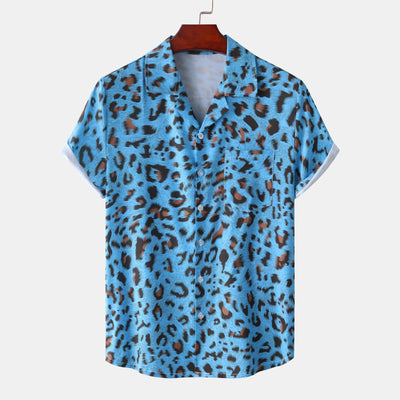 Summer New Hawaii Beach Cuban Collar Ice Silk Digital Printing Leopard Print Short Sleeve Flower Shirt