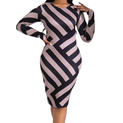 Plus Size Striped Commuter Sheath Round Neck Design Sense Dress
