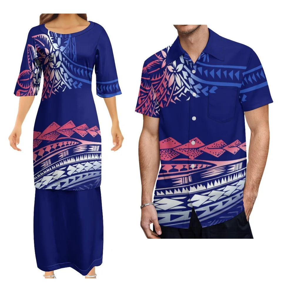 Fashion Island Couple Outfit Puletasi Set Hawaiian Floral Print Women'S Dress Polynesian Pop Samoa Logo Custom Men'S Aloha Shirt