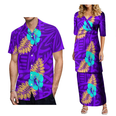 2024 Women'S High-Waisted Dress Puletasi Top And Maxi Pacific Island Holiday Party Outfit Matching Hawaiian Men'S Aloha Shirt