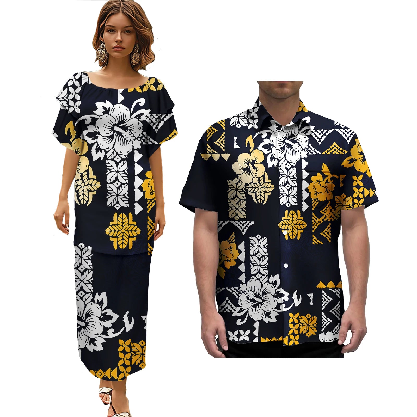 Pacific Island Wedding Party Couple Sets Polynesian Tribal Fijian Print Couple Matching Clothes Women Dress Men Aloha Shirts