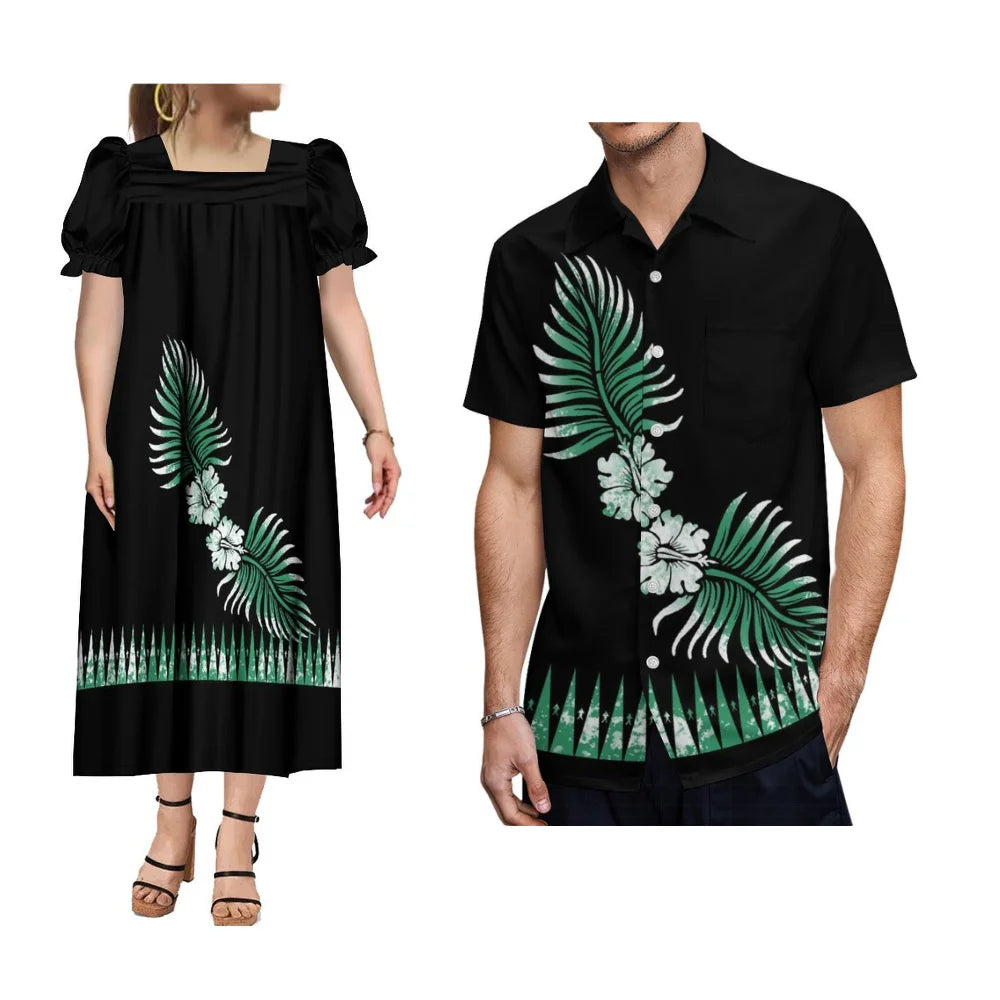 Polynesian Islands Hd Print Fashion Wear Mumu Women'S Square Neck Puffy Sleeve Dress With Summer Men'S Aloha Shirt