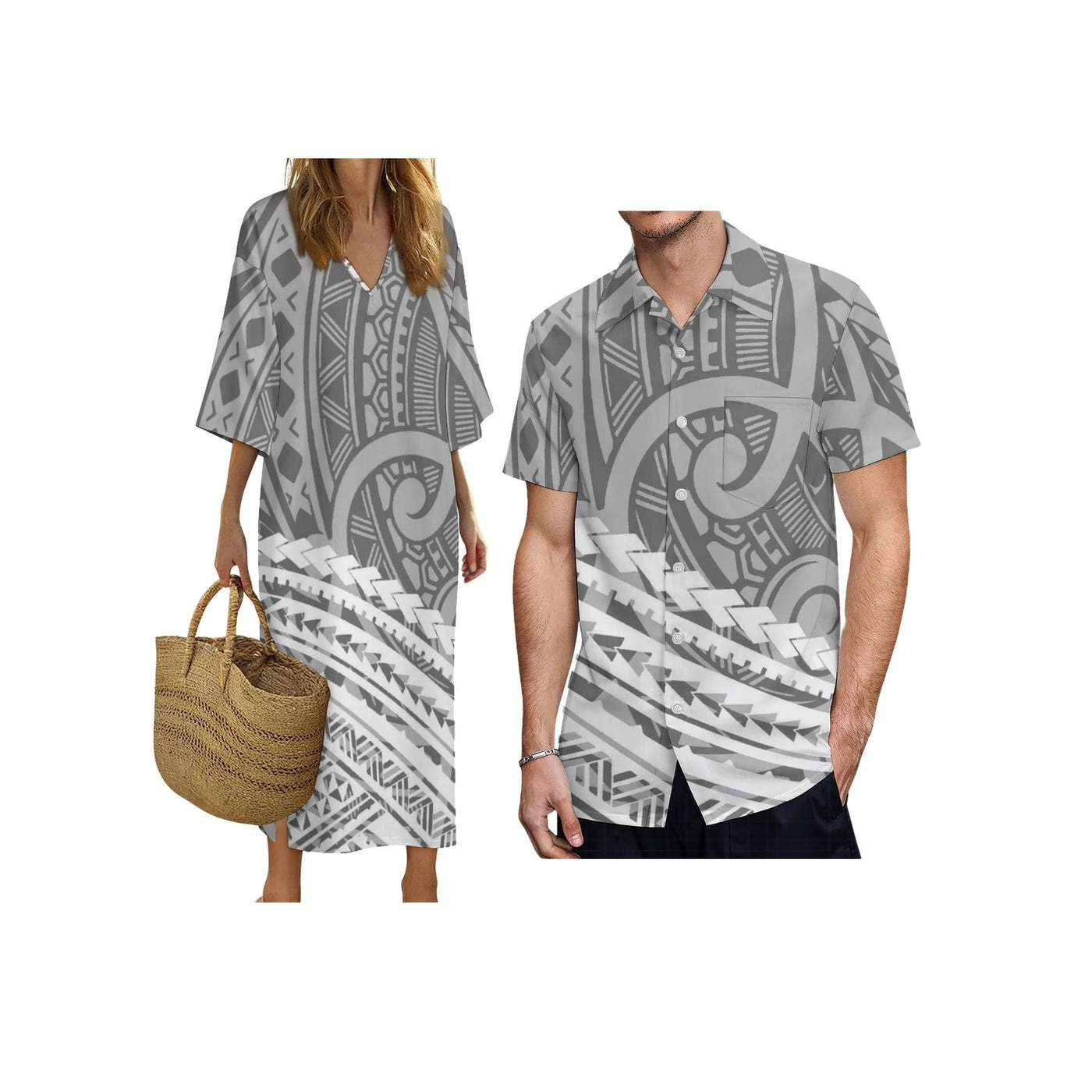 New Print on Demand Custom Polynesian Island Design V Neck Ladies Dress Matching Aloha Men Short Sleeve Shirts Couple Clothing