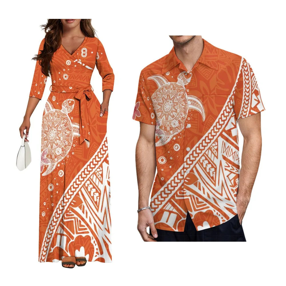 High-Quality New Design Couple Set Slim-Fitting Half-Sleeve Women'S Dress Polynesian Island Custom Men'S Aloha Shirt