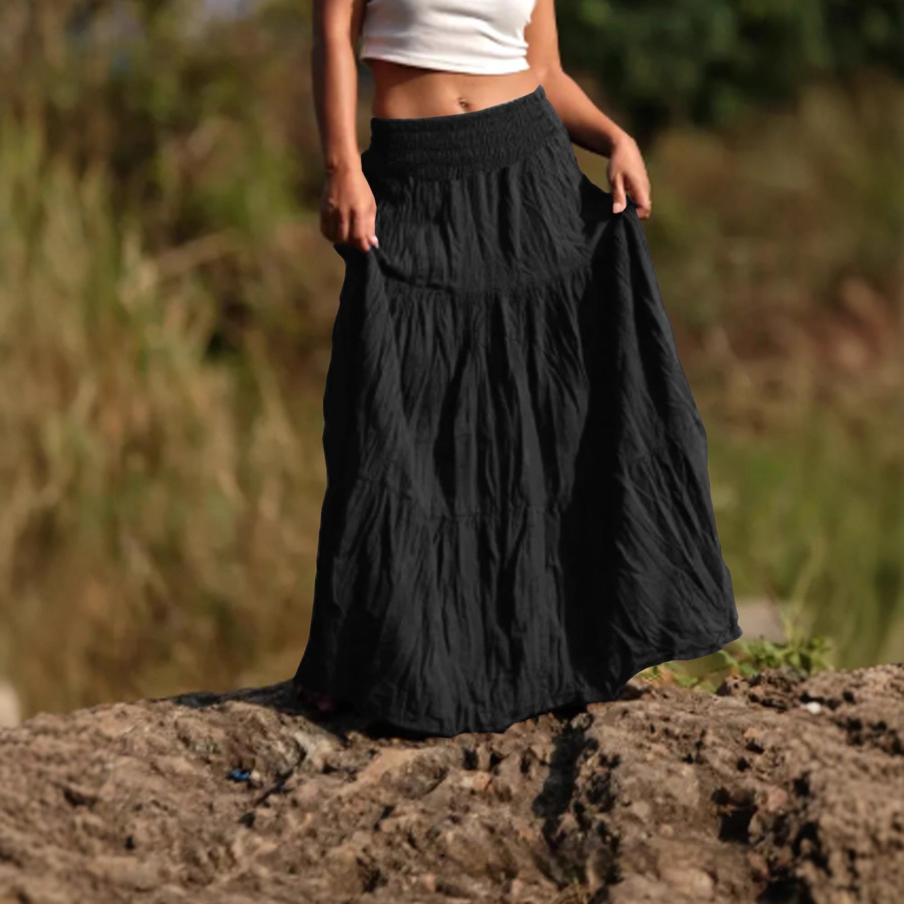 Women's Waist Smocking Mid-length Retro Daily Skirt