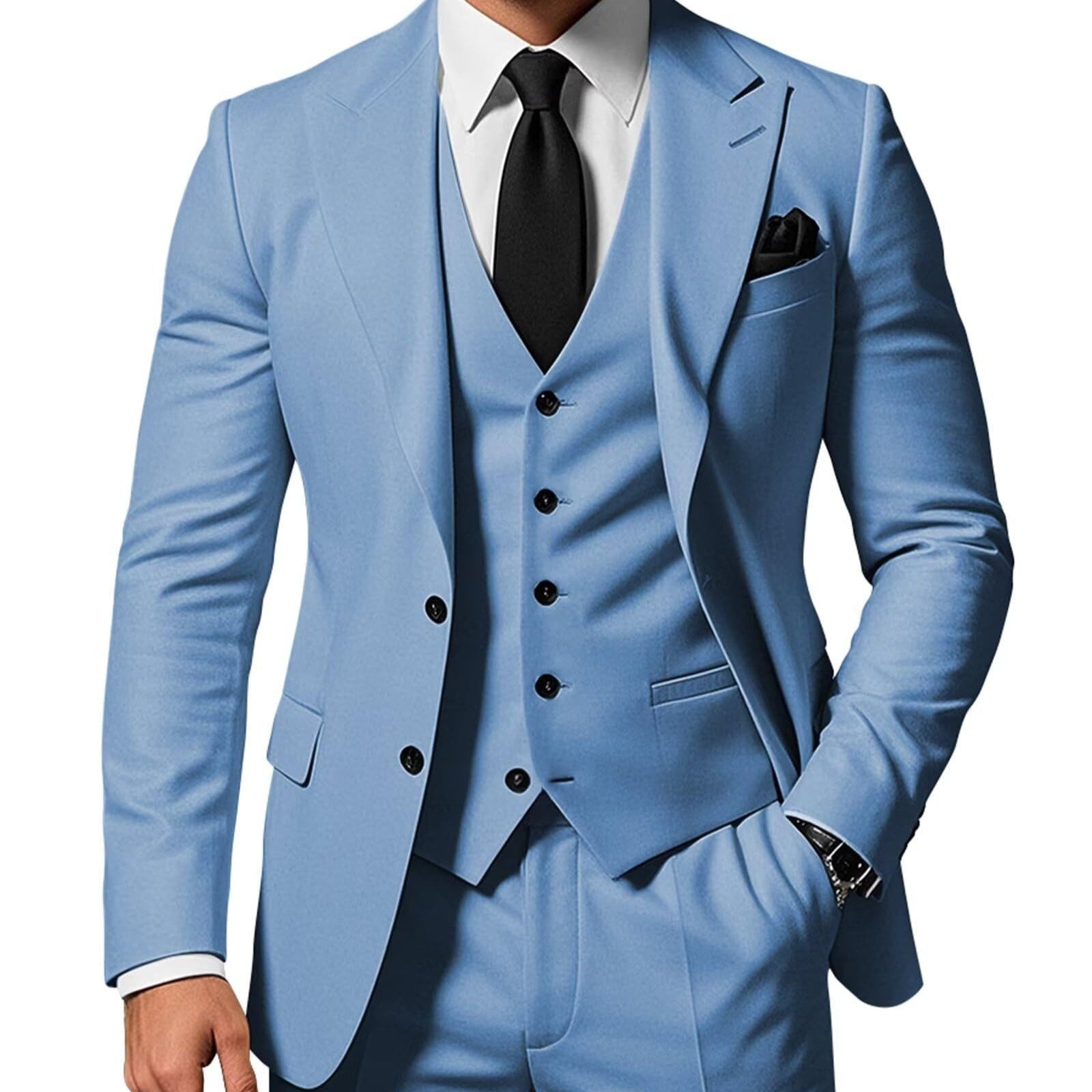 Men's Solid Color 2-piece Buckle Casual Jacket Vest Pants Set