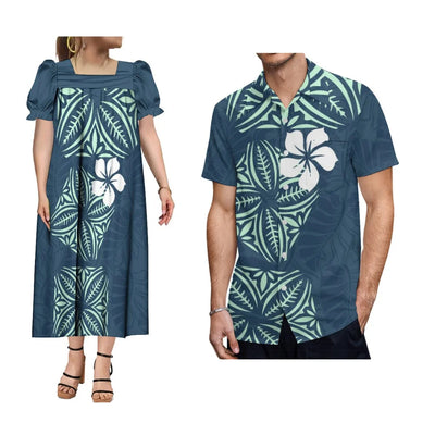 Polynesian Islands Hd Print Fashion Wear Mumu Women'S Square Neck Puffy Sleeve Dress With Summer Men'S Aloha Shirt