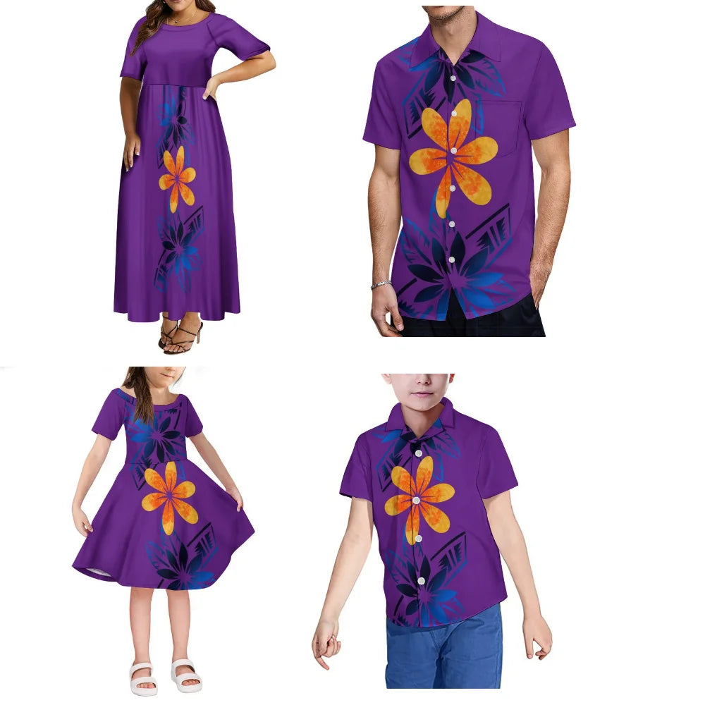 Polynesian Island Custom Family Set Women'S Round-Neck Short-Sleeved Summer High-Waisted Dress And Men'S Aloha Shirt