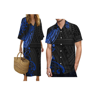 New Print on Demand Custom Polynesian Island Design V Neck Ladies Dress Matching Aloha Men Short Sleeve Shirts Couple Clothing