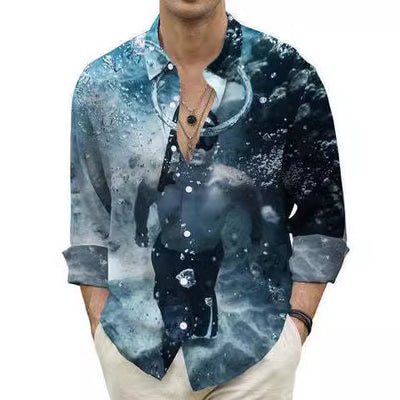 Men's Fashion Casual Digital Printing Beach Hawaii Vacation Long Sleeve Shirt