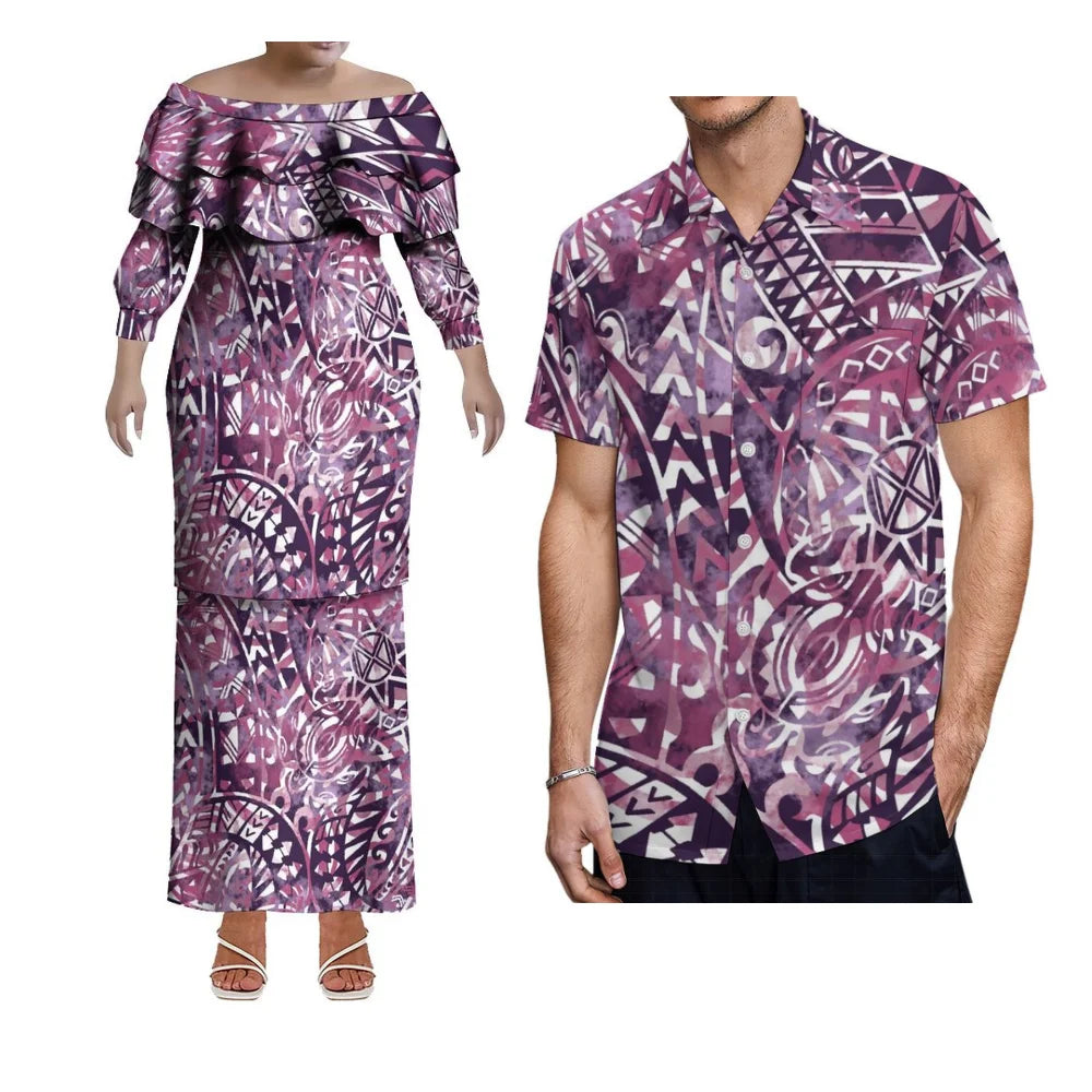 Custom-Made Puletasi One-Shoulder Dress For Polynesian Island Couple Sets And Aloha Shirt For Hawaiian Beach Party Men