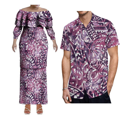 Custom-Made Puletasi One-Shoulder Dress For Polynesian Island Couple Sets And Aloha Shirt For Hawaiian Beach Party Men