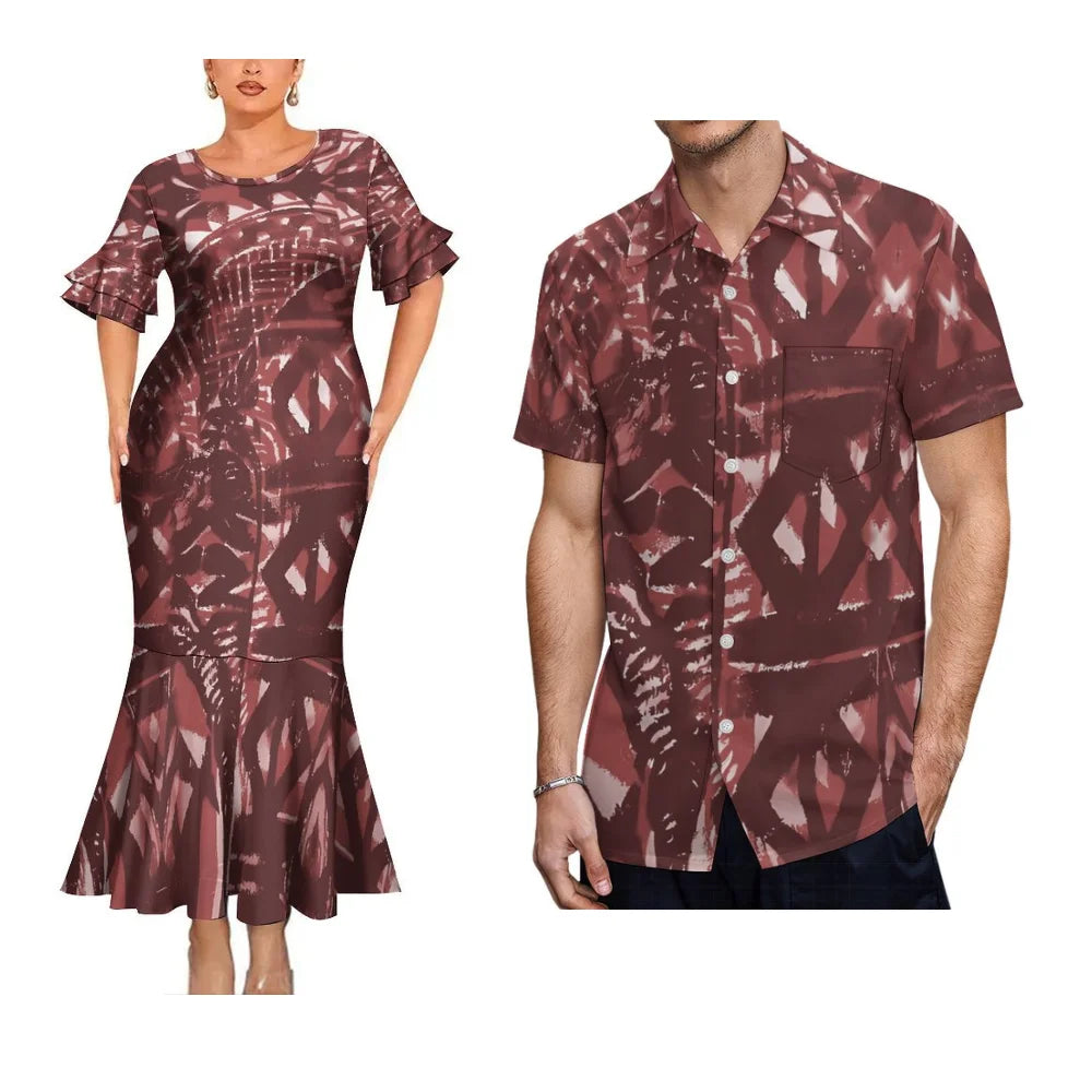 Island Style Couple Set Samoan Art Design Women'S Crew-Neck Fishtail Dress And Pacific Island Art Print Men'S Aloha Shirt