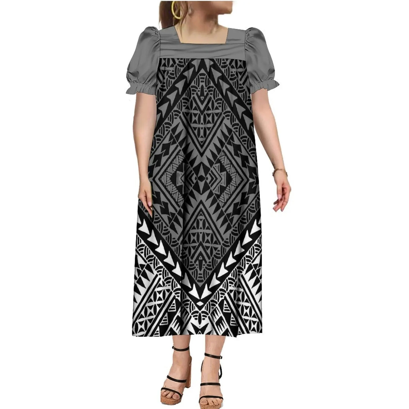 Polynesian Islands Hd Print Fashion Wear Mumu Women'S Square Neck Puffy Sleeve Dress With Summer Men'S Aloha Shirt