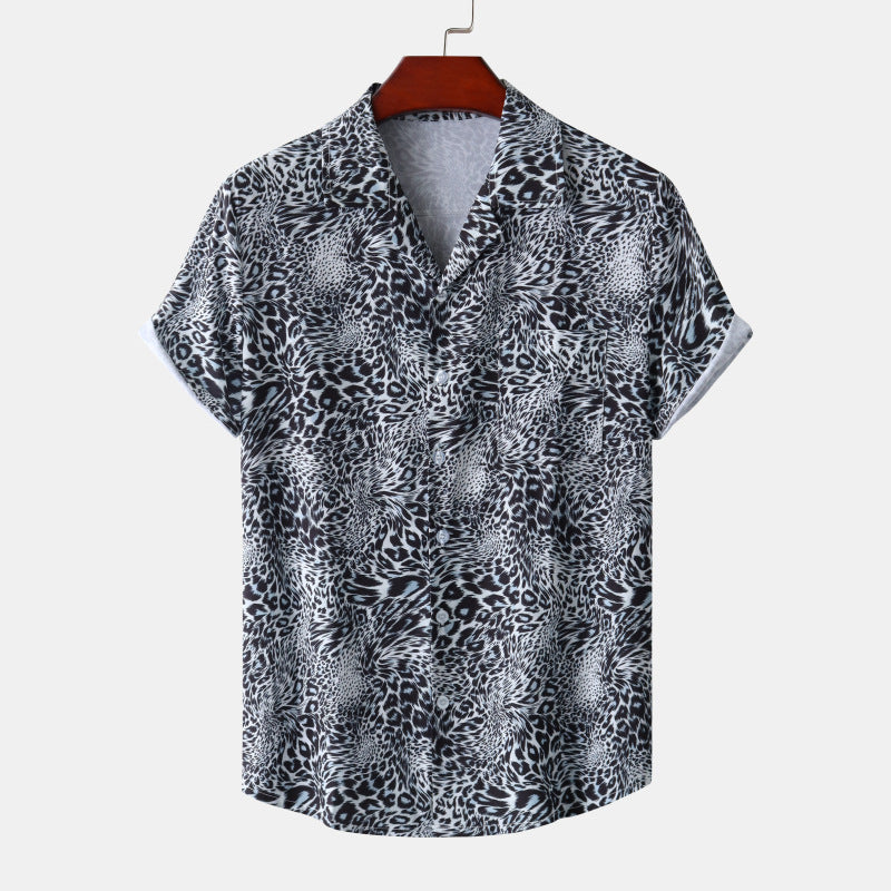 Summer New Hawaii Beach Cuban Collar Ice Silk Digital Printing Leopard Print Short Sleeve Flower Shirt
