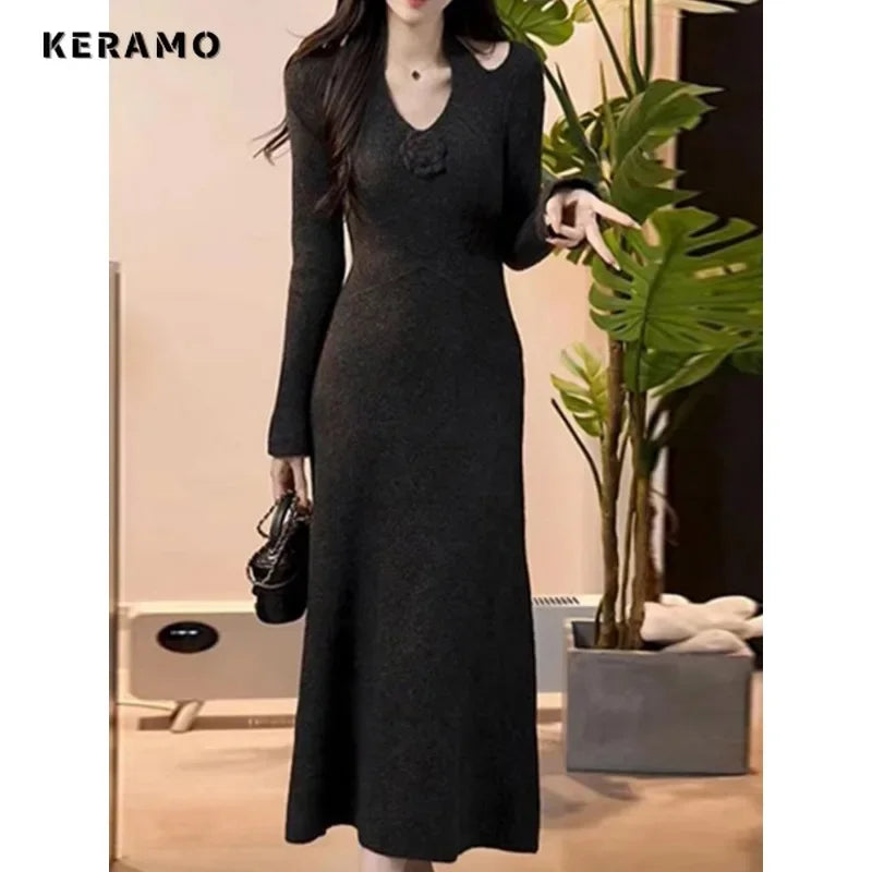 Women's Black Midi Dress - Budget-Friendly High Waist V-Neck Long Sleeve
