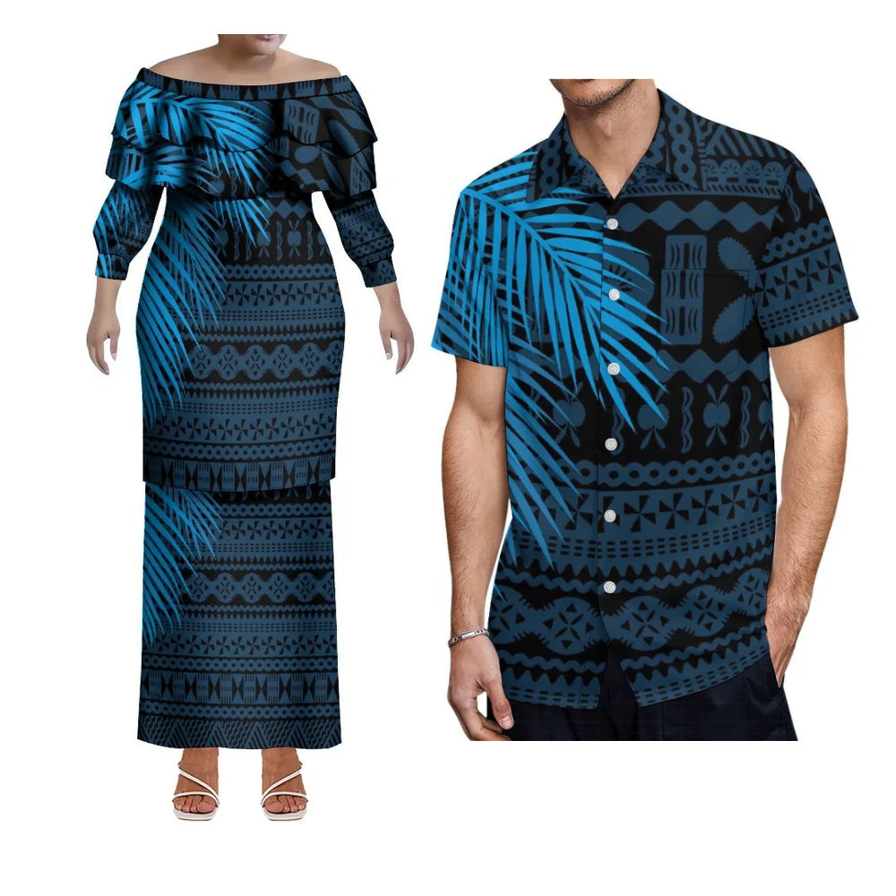 Custom-Made Puletasi One-Shoulder Dress For Polynesian Island Couple Sets And Aloha Shirt For Hawaiian Beach Party Men