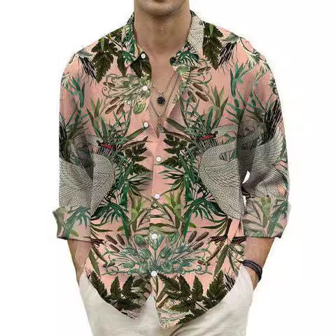 Men's Fashion Casual Digital Printing Beach Hawaii Vacation Long Sleeve Shirt