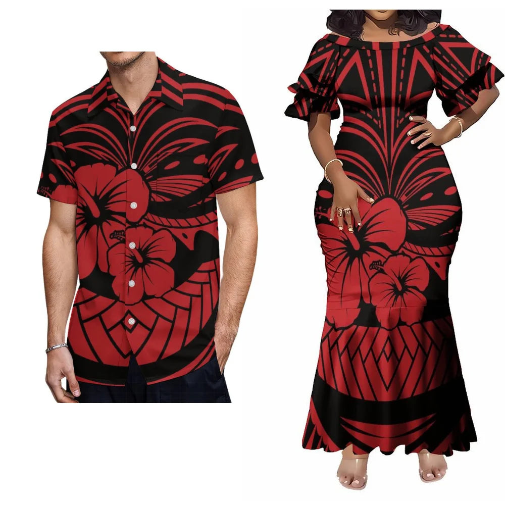 Hawaiian Floral Print Samoa Plus-Size Couple Set Pacific Island Sexy Slim-Fit Dress And Men'S Aloha Shirt Support Your Design