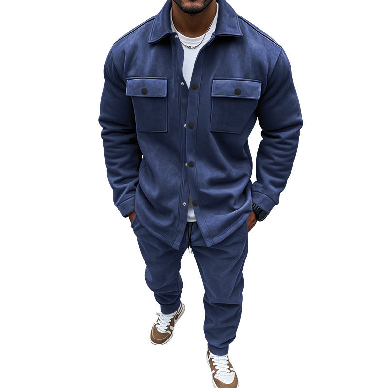 Men's Suede Solid Color Single-breasted Tooling Cardigan Two-piece Set