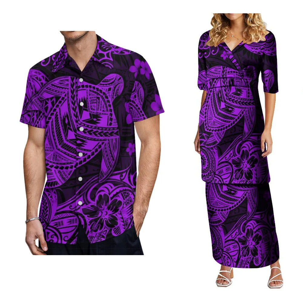 2024 Women'S High-Waisted Dress Puletasi Top And Maxi Pacific Island Holiday Party Outfit Matching Hawaiian Men'S Aloha Shirt