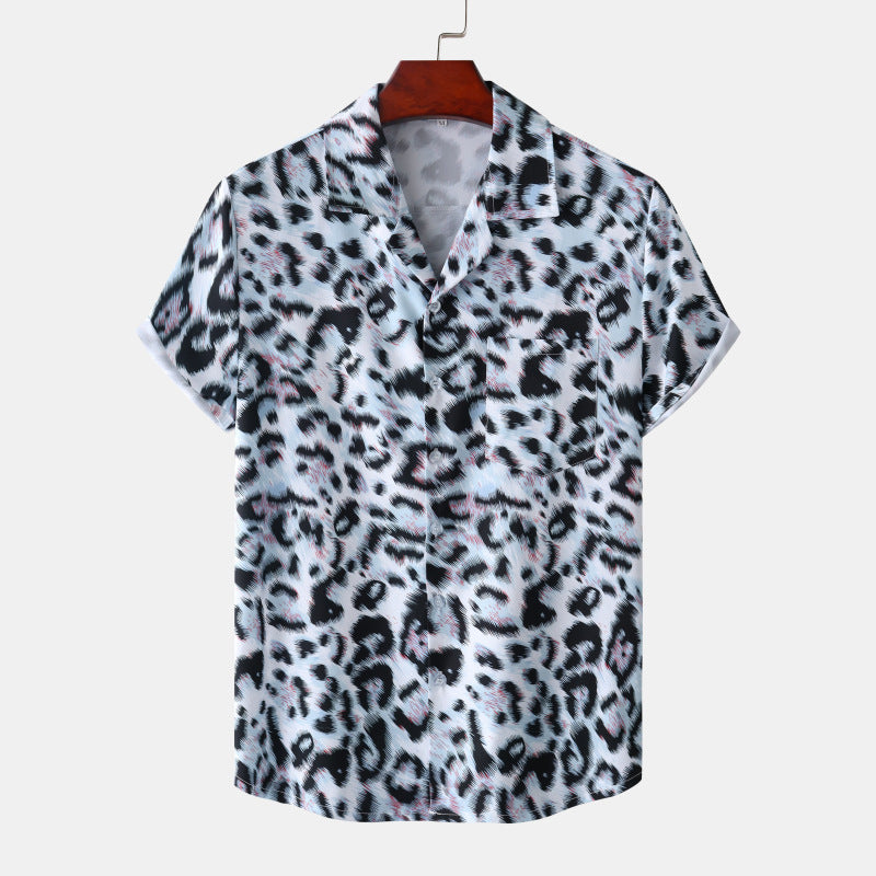 Summer New Hawaii Beach Cuban Collar Ice Silk Digital Printing Leopard Print Short Sleeve Flower Shirt