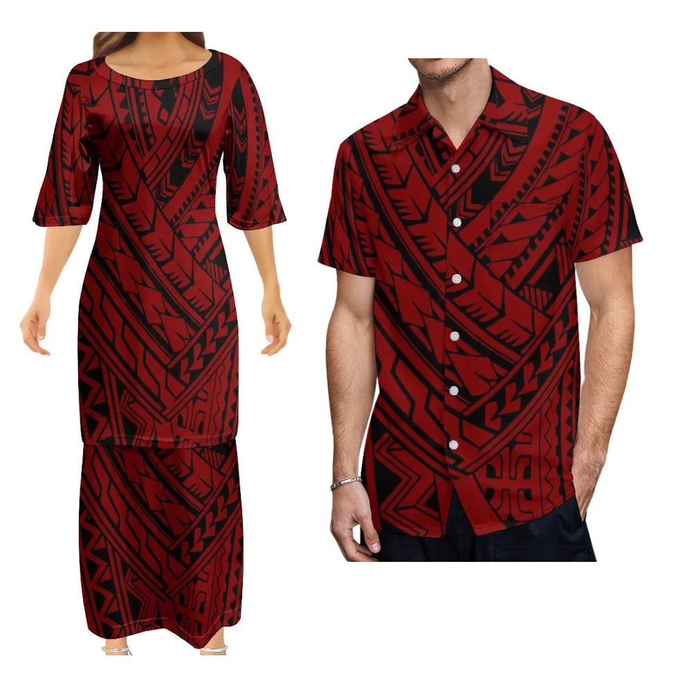 Fashion Island Couple Outfit Puletasi Set Hawaiian Floral Print Women'S Dress Polynesian Pop Samoa Logo Custom Men'S Aloha Shirt
