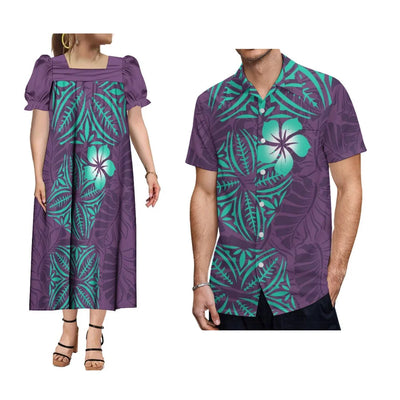 Polynesian Islands Hd Print Fashion Wear Mumu Women'S Square Neck Puffy Sleeve Dress With Summer Men'S Aloha Shirt