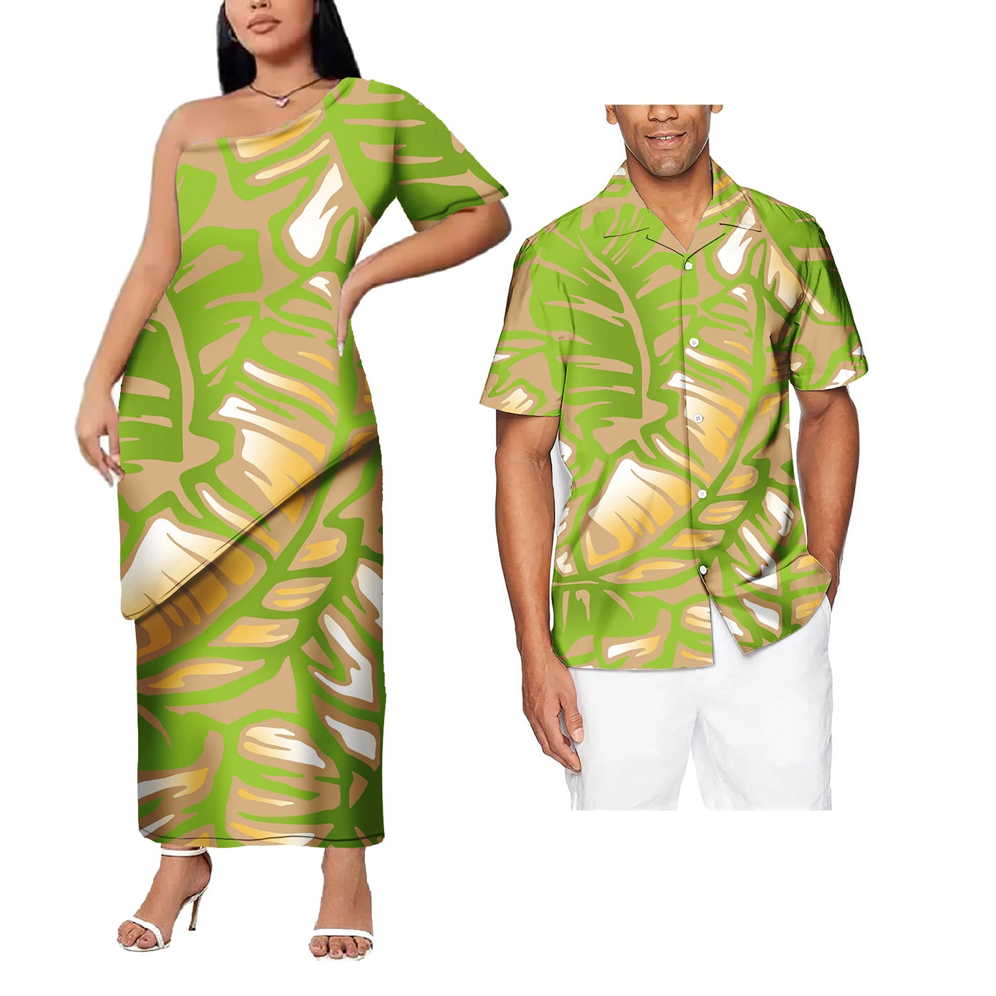 Plus Size Custom Couple Of Set Puletasi Samoa 2Pcs Dress And Hawaii Men's Aloha Shirts Polynesian Island His And Hers Clothes