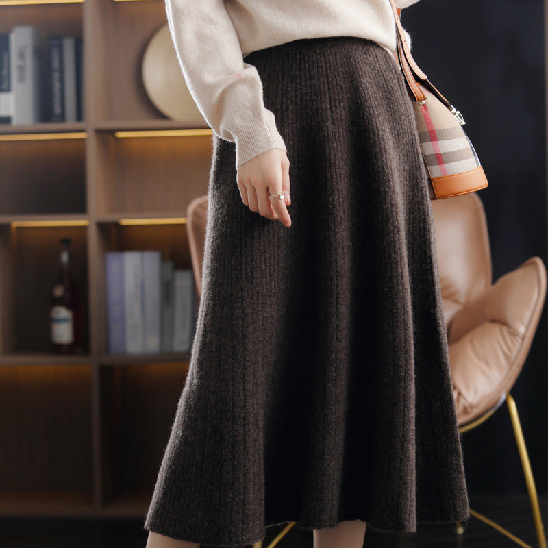 Wool Knitted Stretch Mid-length Cashmere Pleated Skirt