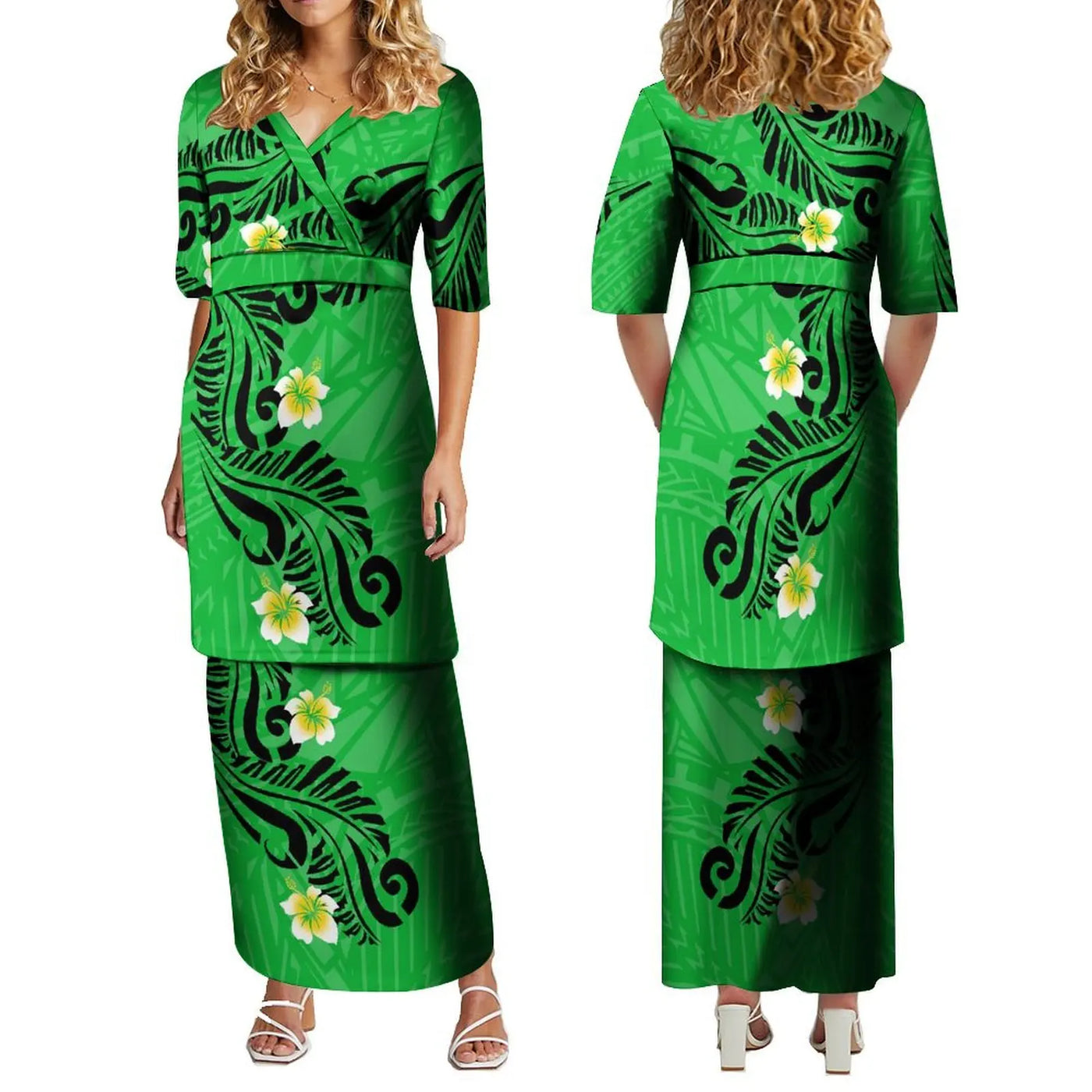 2024 Women'S High-Waisted Dress Puletasi Top And Maxi Pacific Island Holiday Party Outfit Matching Hawaiian Men'S Aloha Shirt