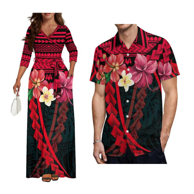 High-Quality New Design Couple Set Slim-Fitting Half-Sleeve Women'S Dress Polynesian Island Custom Men'S Aloha Shirt