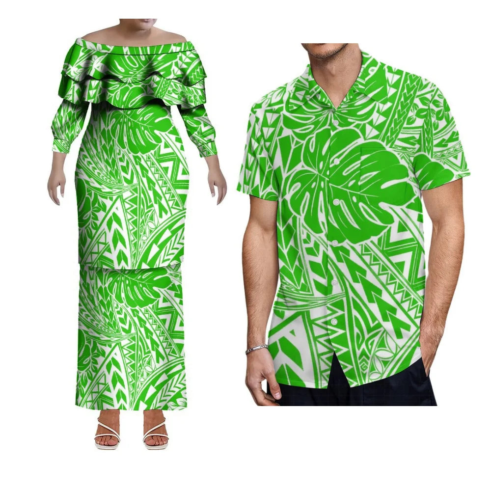 Custom-Made Puletasi One-Shoulder Dress For Polynesian Island Couple Sets And Aloha Shirt For Hawaiian Beach Party Men