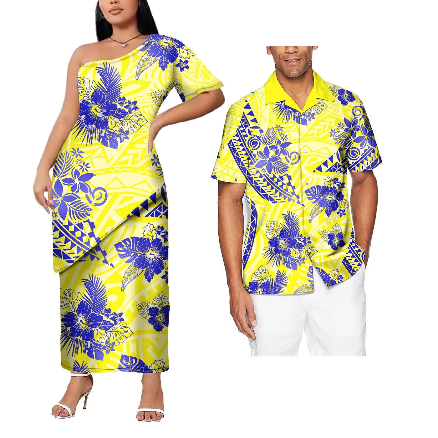 Plus Size Custom Couple Of Set Puletasi Samoa 2Pcs Dress And Hawaii Men's Aloha Shirts Polynesian Island His And Hers Clothes