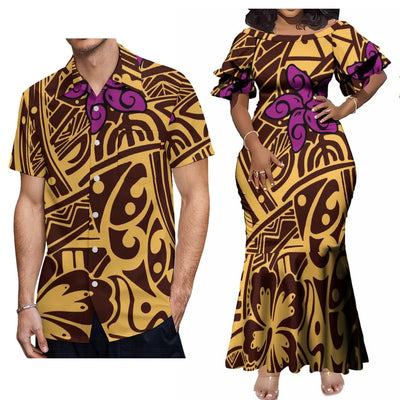 Hawaiian Floral Print Samoa Plus-Size Couple Set Pacific Island Sexy Slim-Fit Dress And Men'S Aloha Shirt Support Your Design