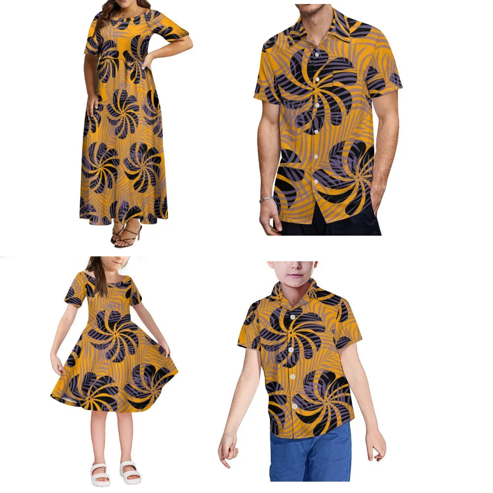 Polynesian Island Custom Family Set Women'S Round-Neck Short-Sleeved Summer High-Waisted Dress And Men'S Aloha Shirt