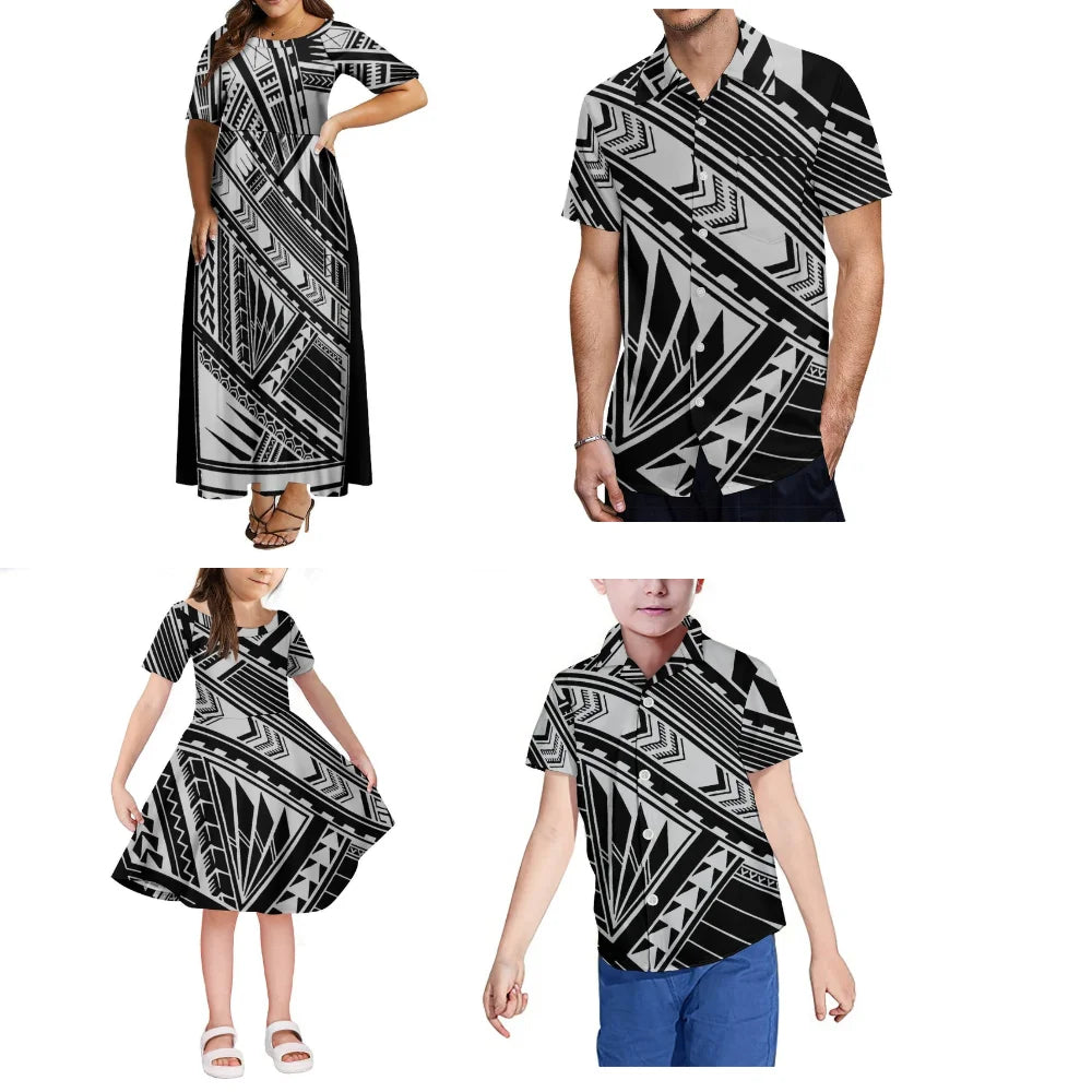 Polynesian Island Custom Family Set Women'S Round-Neck Short-Sleeved Summer High-Waisted Dress And Men'S Aloha Shirt
