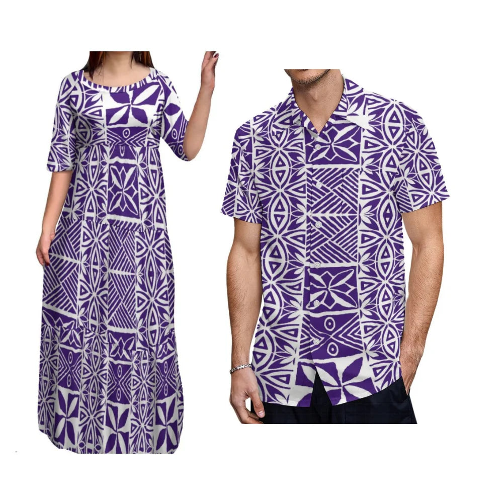 Island-Style Couple Set Elegant Women'S Crew-Neck Tiered Dress Full Skirt With Men'S Aloha Shirt Polynesian Island Design