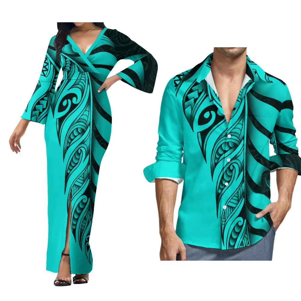 Custom Polynesian Island Style Samoa-Fiji Plus Size Couple Set Women'S Dress Beach Party Split Skirt And Men'S Aloha Shirt