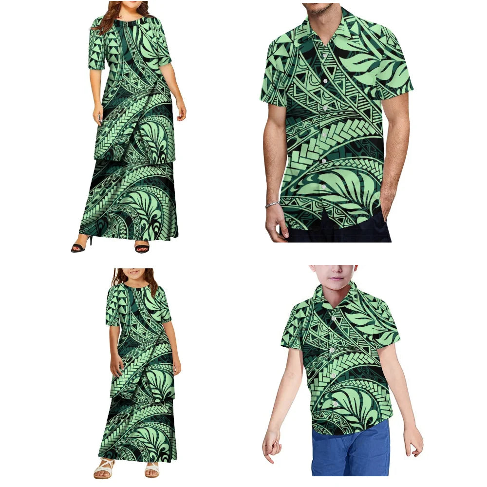 New Design Women And Girls' Round-Neck Puletasi Two-Piece Dress Set Polynesian Island Design Men'S Aloha Shirt Family Set