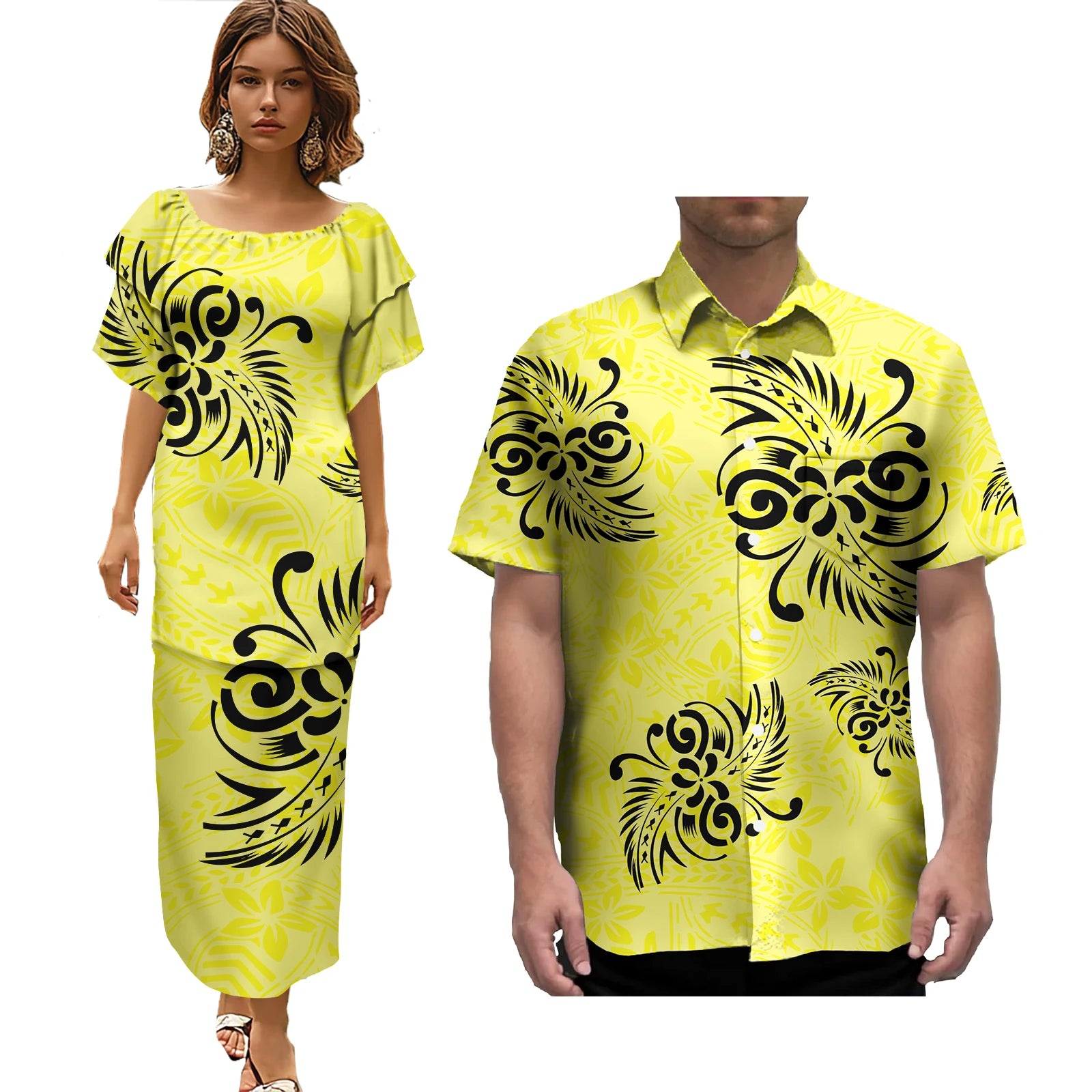 Pacific Island Wedding Party Couple Sets Polynesian Tribal Fijian Print Couple Matching Clothes Women Dress Men Aloha Shirts