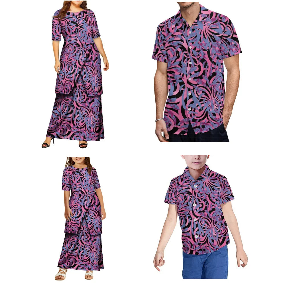 Summer Women And Girls' Round-Neck Puletasi Dress Polynesian Island Samoan Design Beach Party Men'S Aloha Shirt Family Set