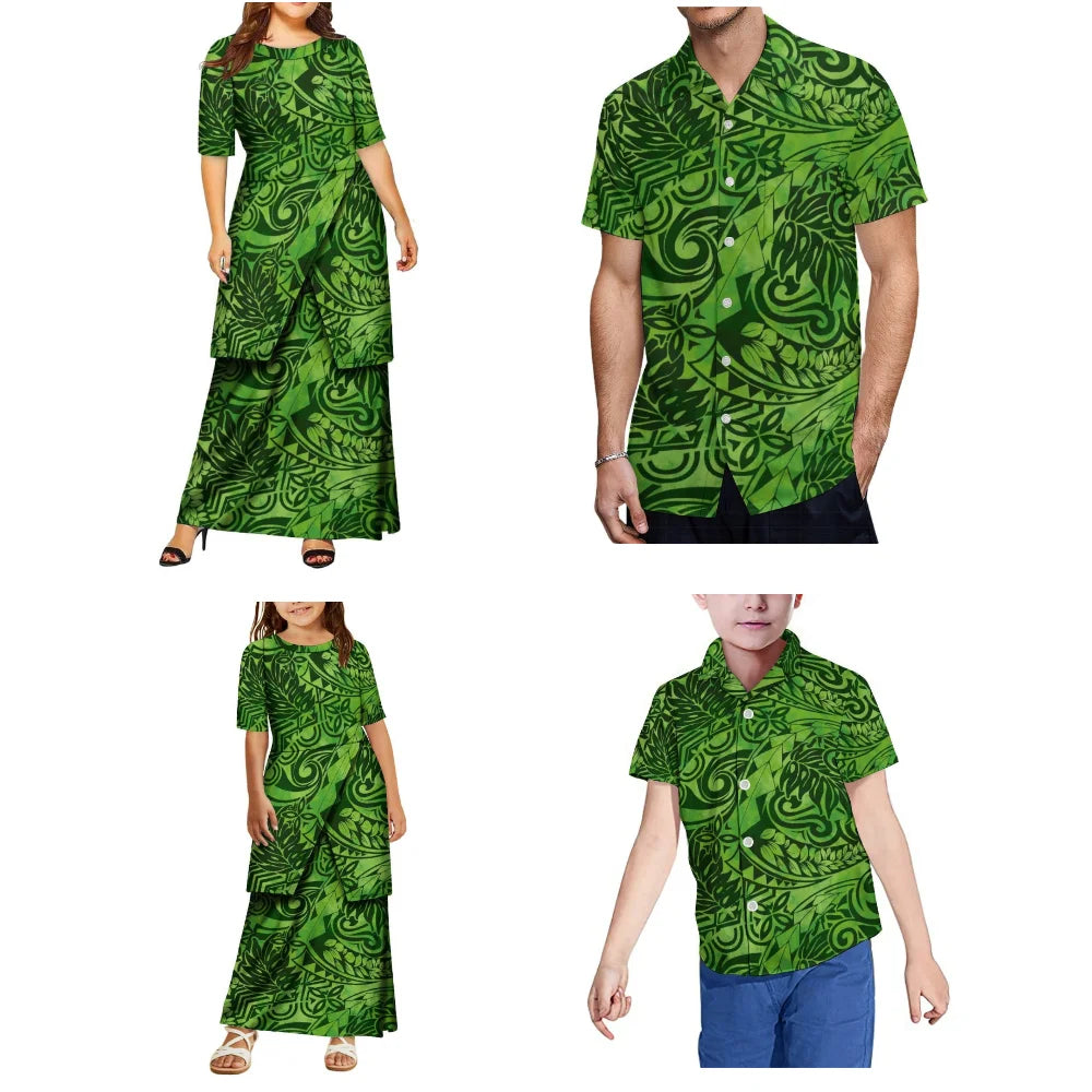 New Design Women And Girls' Round-Neck Puletasi Two-Piece Dress Set Polynesian Island Design Men'S Aloha Shirt Family Set