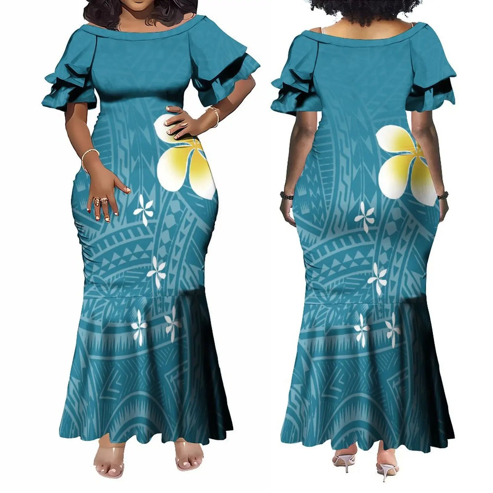 Hawaiian Floral Print Samoa Plus-Size Couple Set Pacific Island Sexy Slim-Fit Dress And Men'S Aloha Shirt Support Your Design