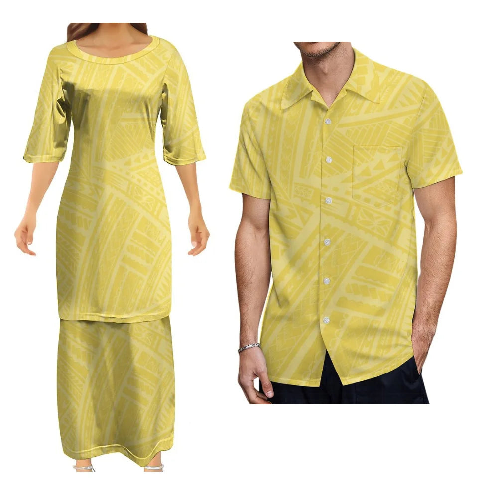 Fashion Island Couple Outfit Puletasi Set Hawaiian Floral Print Women'S Dress Polynesian Pop Samoa Logo Custom Men'S Aloha Shirt