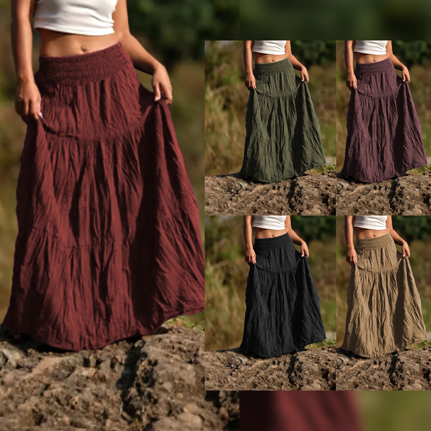 Women's Waist Smocking Mid-length Retro Daily Skirt