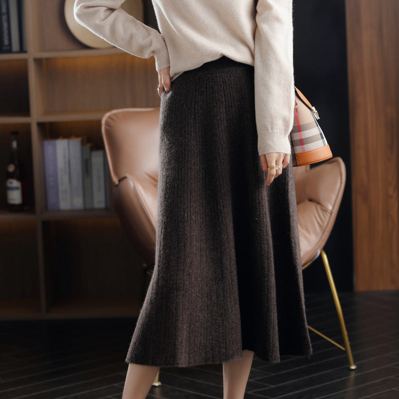Wool Knitted Stretch Mid-length Cashmere Pleated Skirt