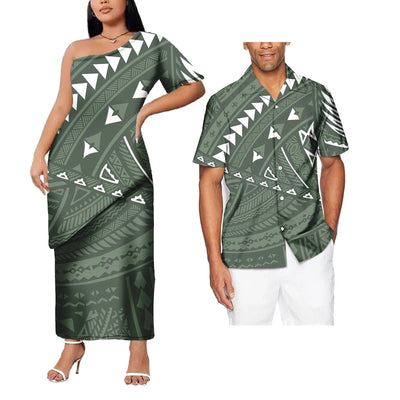 Plus Size Custom Couple Of Set Puletasi Samoa 2Pcs Dress And Hawaii Men's Aloha Shirts Polynesian Island His And Hers Clothes
