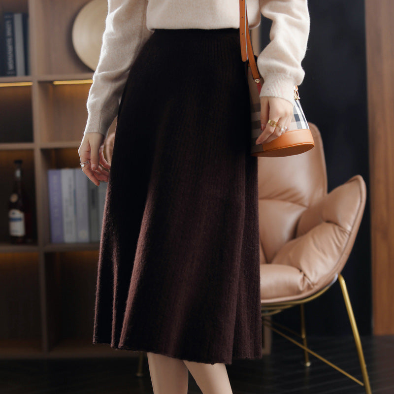 Wool Knitted Stretch Mid-length Cashmere Pleated Skirt